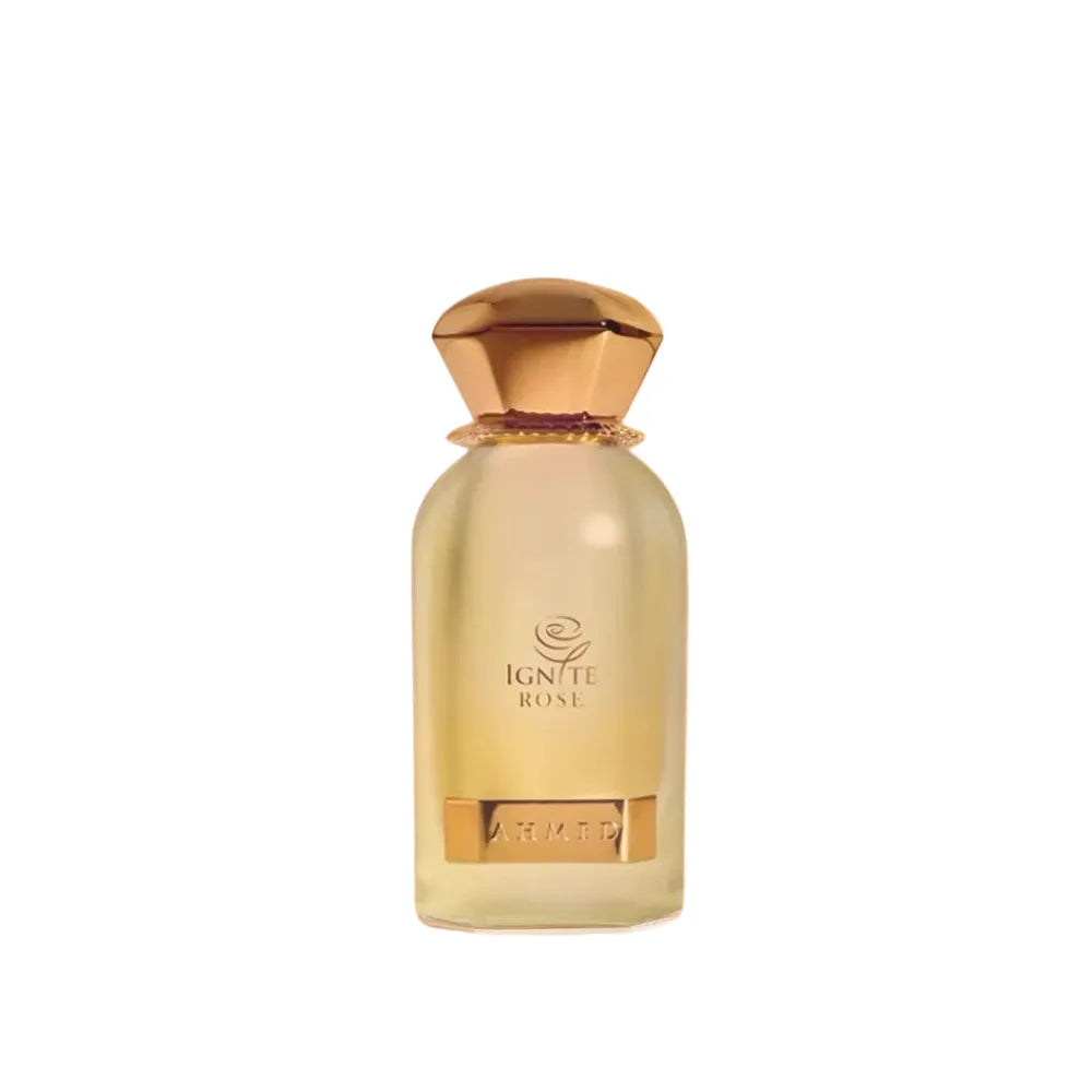 Gold perfume bottle with 'Ignite Rose' text on a white background