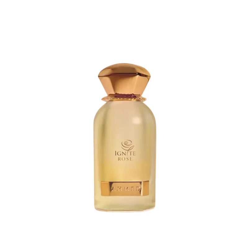 Gold perfume bottle with 'Ignite Rose' text on a white background