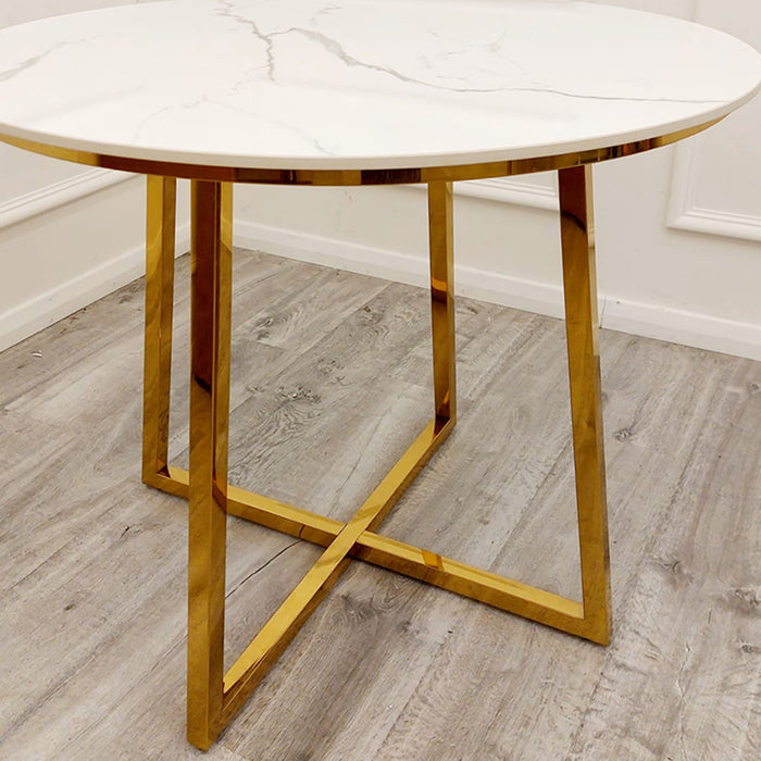 Juno Gold 90cm Round Dining Table with Polar White Sintered Stone Top