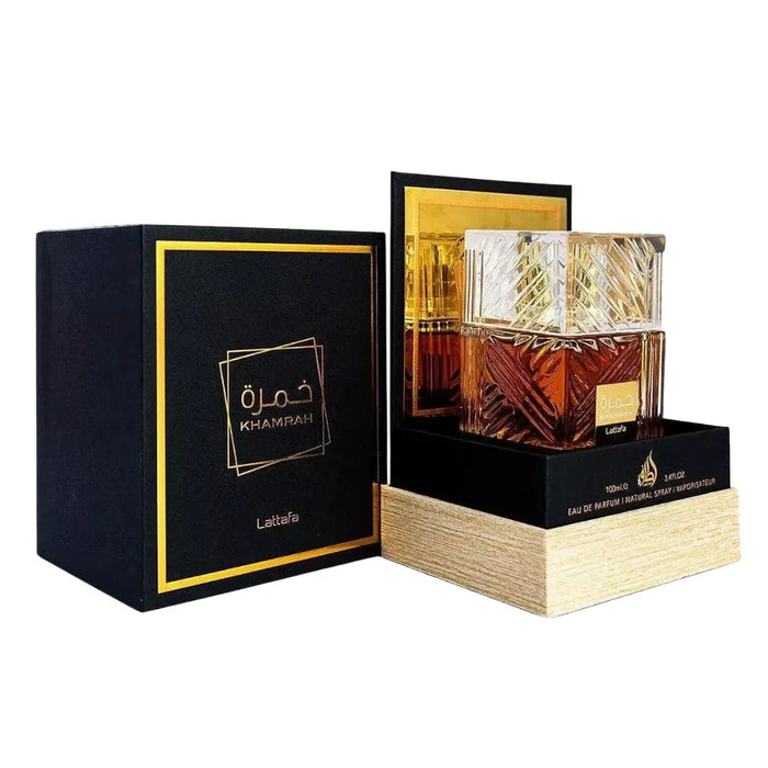 Luxury perfume bottle with black and gold packaging on a white background