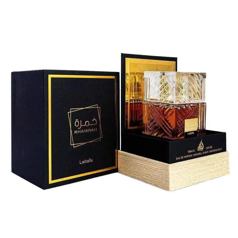 Luxury perfume bottle with black and gold packaging on a white background