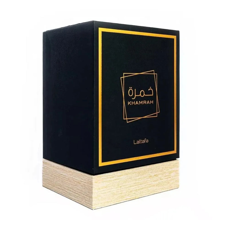 Black and beige box with 'Khamrah' branding on a white background