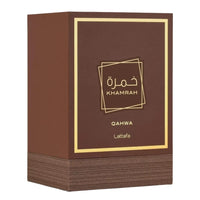 Brown packaging box with 'Khamrah Qahwa' branding on a white background