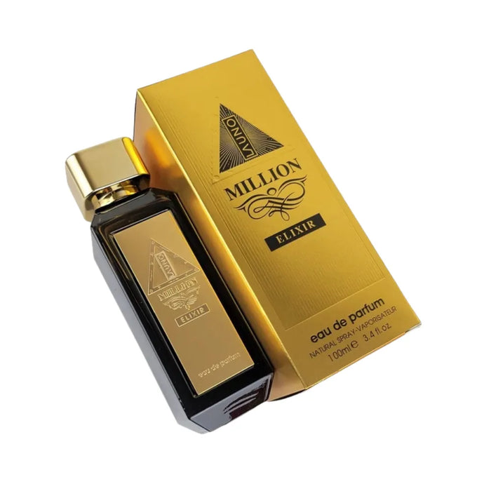 Perfume bottle and packaging of Million Elixir on a white background