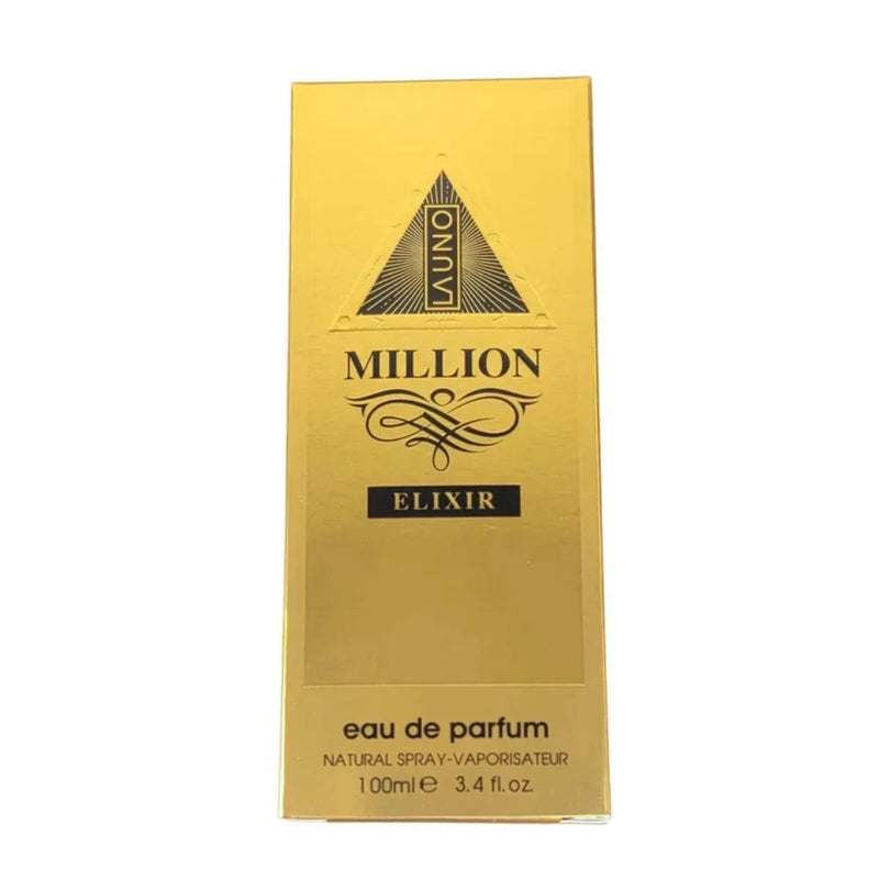 Gold box of Launio Million Elixir eau de parfum on a white background
