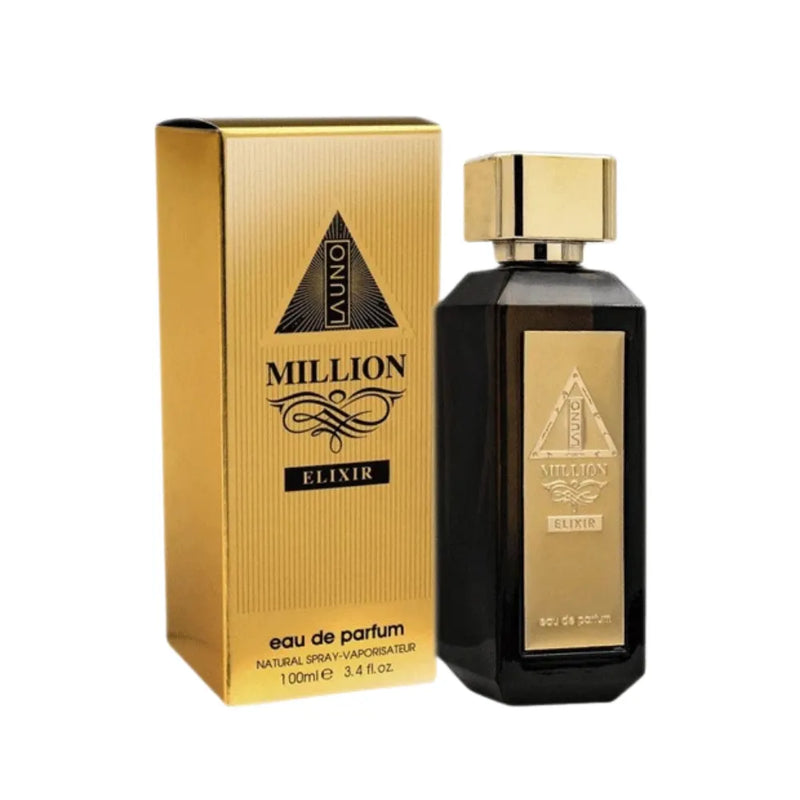 Perfume bottle and packaging of Million Elixir on a white background
