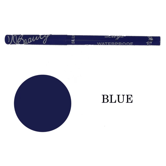 Blue eyeliner pencil with a color swatch and text on a white background