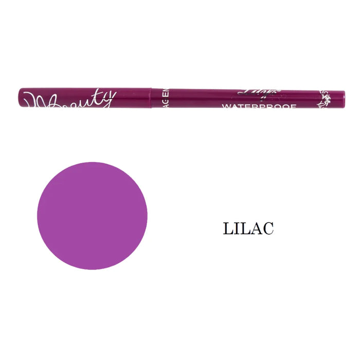 Eyeliner pencil with a swatch of lilac color on a white background
