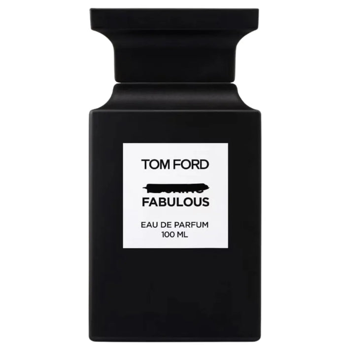 Black Tom Ford perfume bottle with 'Fabulous' label on a white background