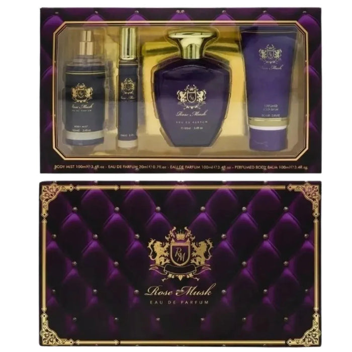 Perfume set with purple and gold packaging featuring a brand logo.