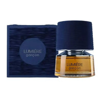 Perfume bottle and packaging with 'Lumérie garcon' branding on a white background