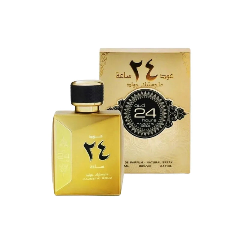 Gold perfume bottle and packaging with Arabic text on a white background
