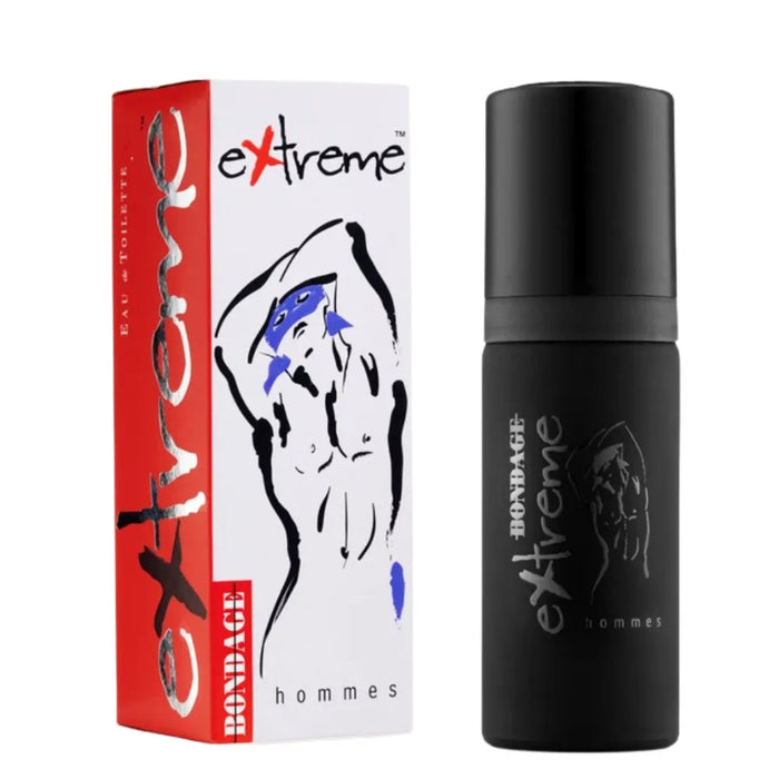 Black 'extreme' perfume bottle and packaging on a white background