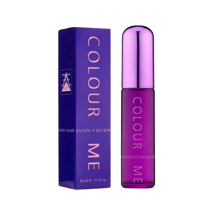 Purple bottle and box of 'Colour Me' on a white background
