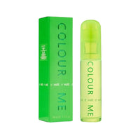 Green perfume bottle and packaging with 'COLOUR ME' text on a white background