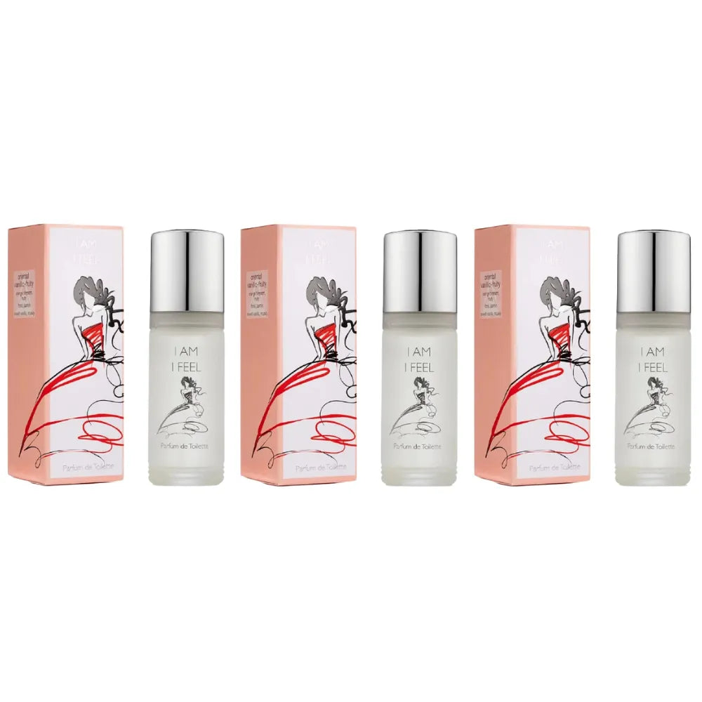 Set of three perfume bottles with their packaging on a white background