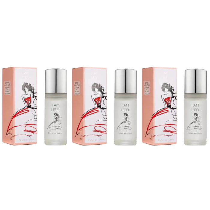 Set of three perfume bottles with their packaging on a white background