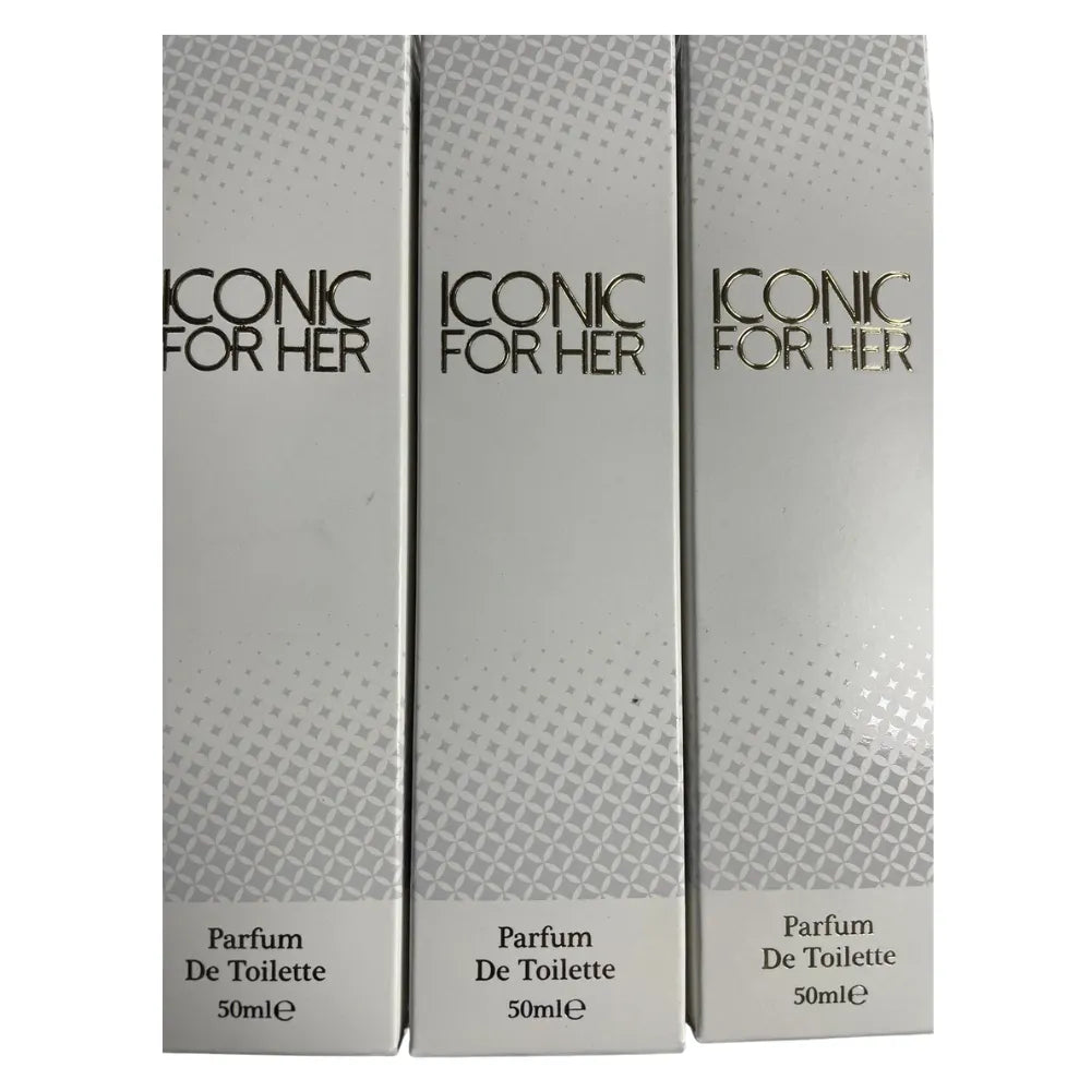 Three boxes of 'Iconic for Her' parfum de toilette on a white background