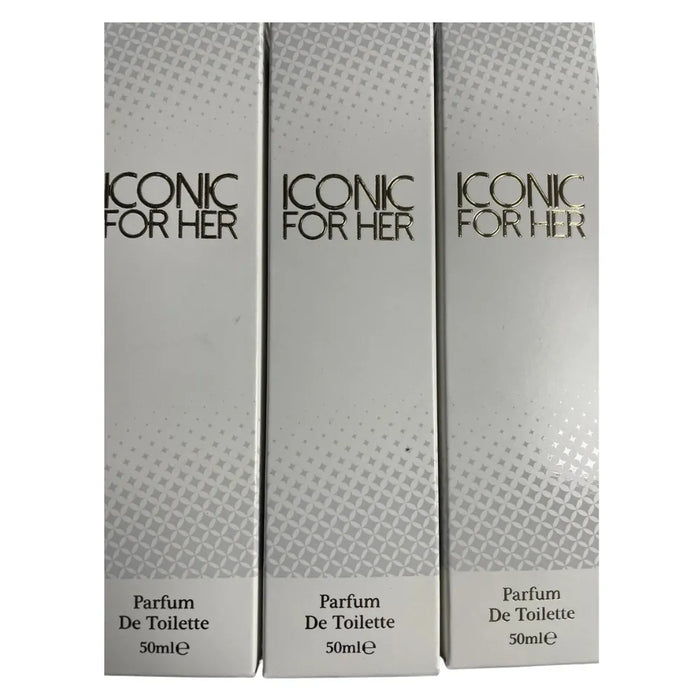 Three boxes of 'Iconic for Her' parfum de toilette on a white background