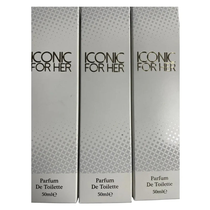 Three boxes of 'Iconic for Her' parfum de toilette on a white background