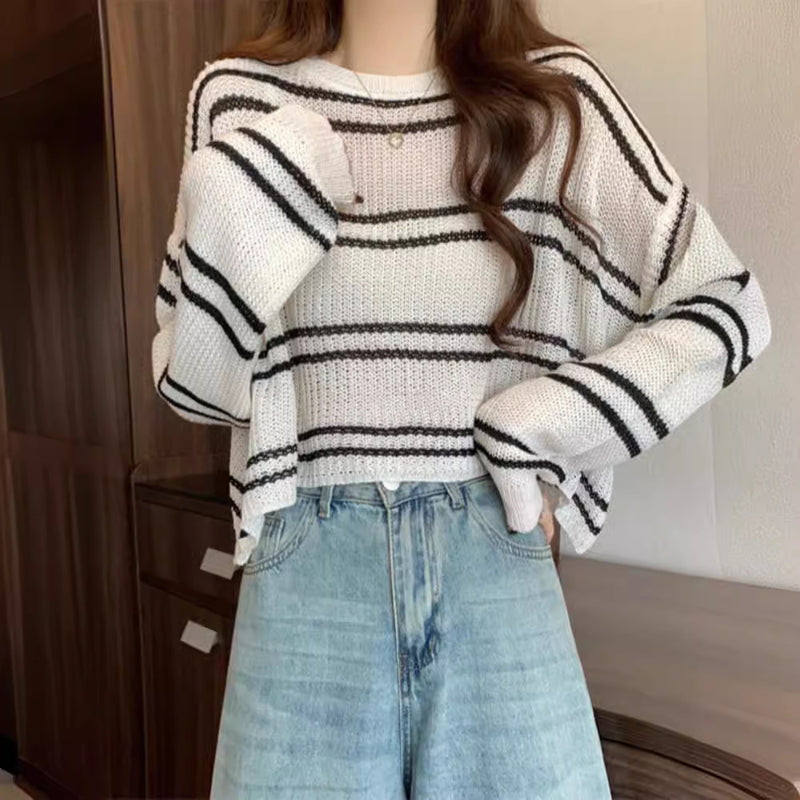 Striped Thin Sweater Loose Hollow-out Short Top