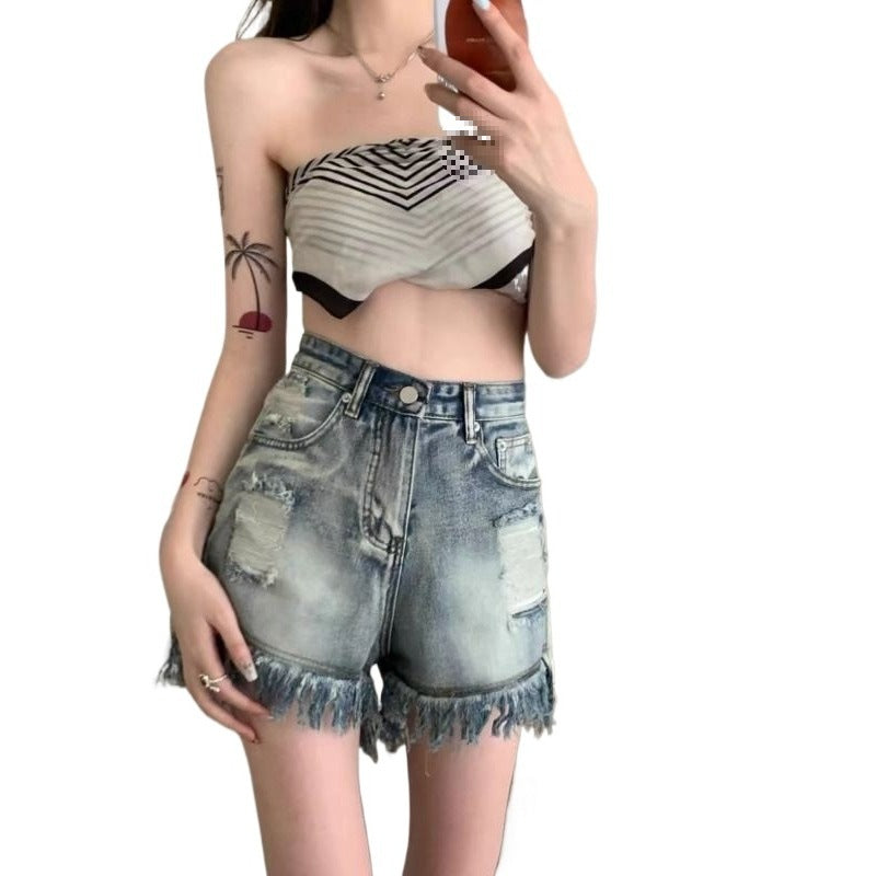 High Waist Slimming Hot Girl American Plus Size Hot Pants Frayed A Tassel