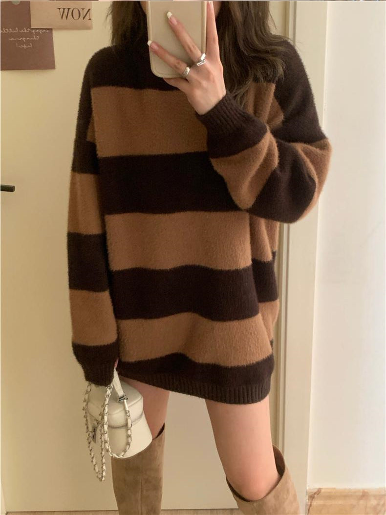 Loose Black And White Striped Color Matching Knitted Pullover Top