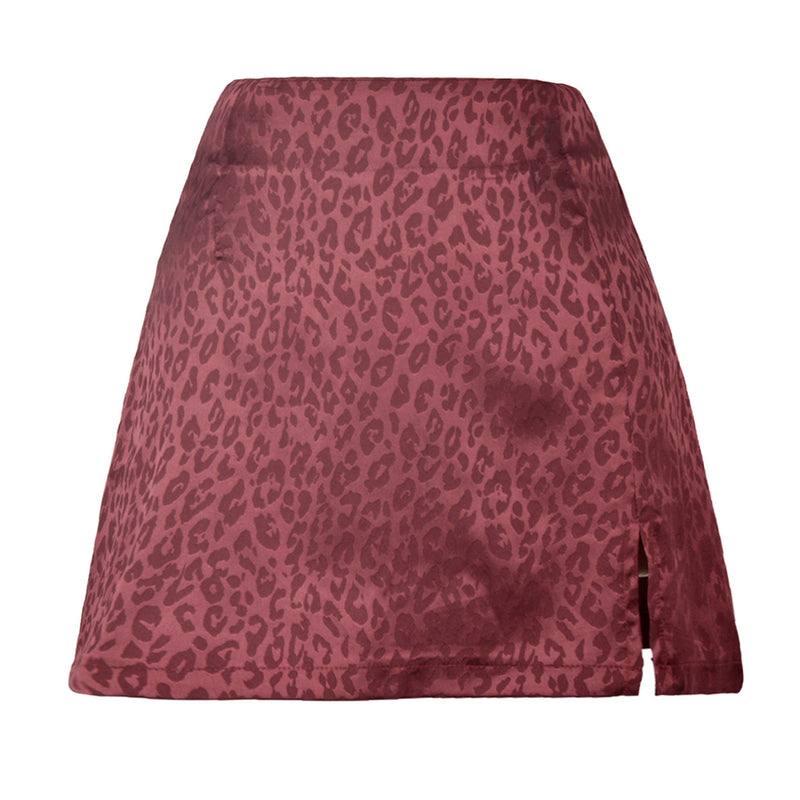 Women's Leopard Print High Waist Slit Short Skirt Jacquard