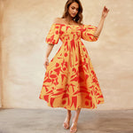 European And American Off-neck Bubble Sleeve Printed Casual Fashion Large Swing Temperament Dress