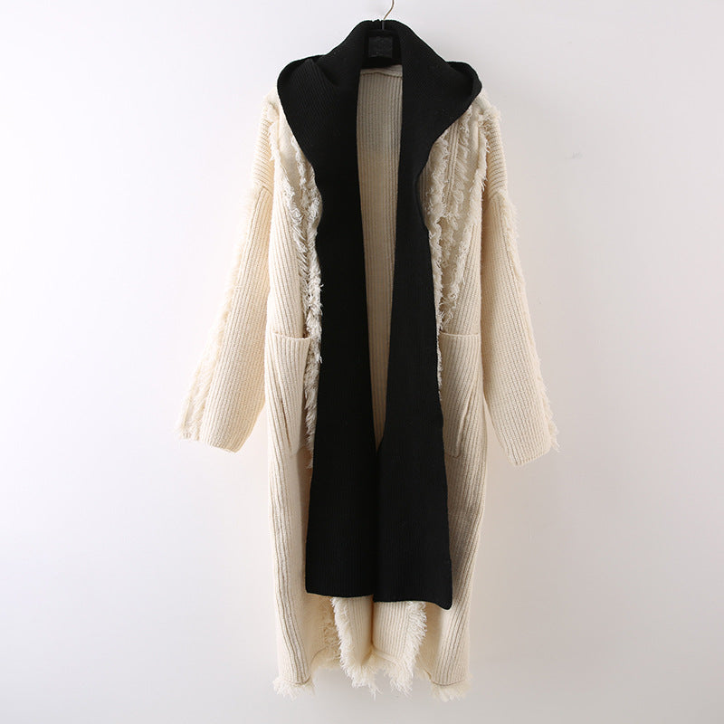 Hooded Tassel Knitted Cardigan Fake Two-piece Overknee Sweater Coat