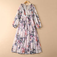 See-through Back Strap Chiffon Printed V-neck Long-sleeve Dress