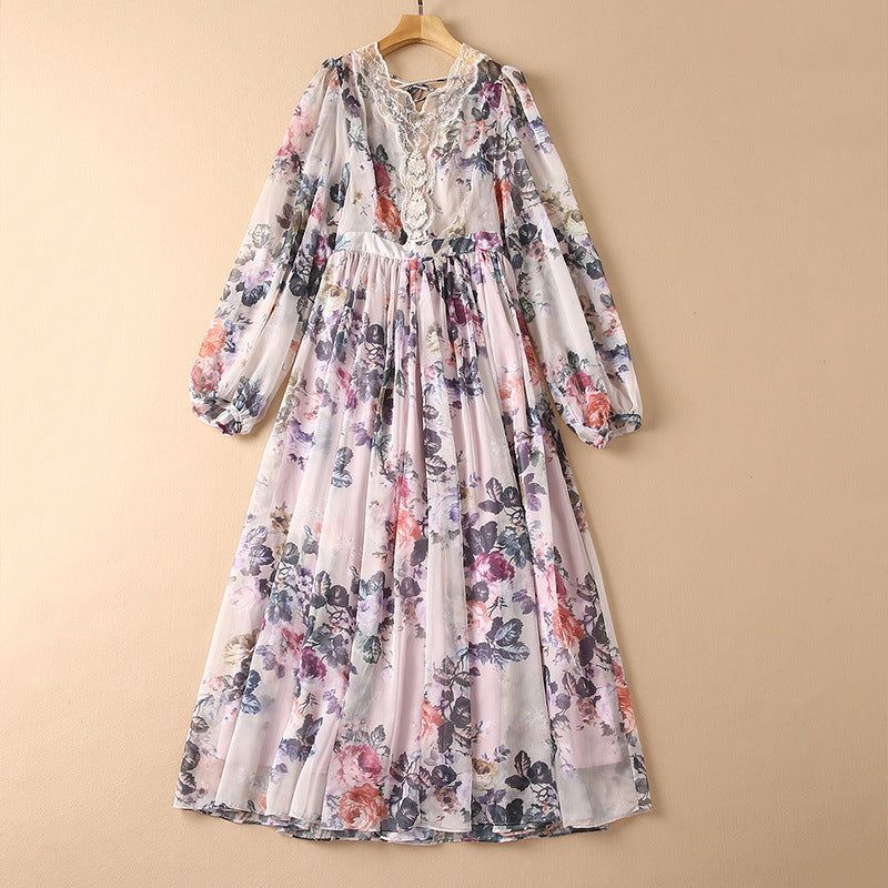 See-through Back Strap Chiffon Printed V-neck Long-sleeve Dress