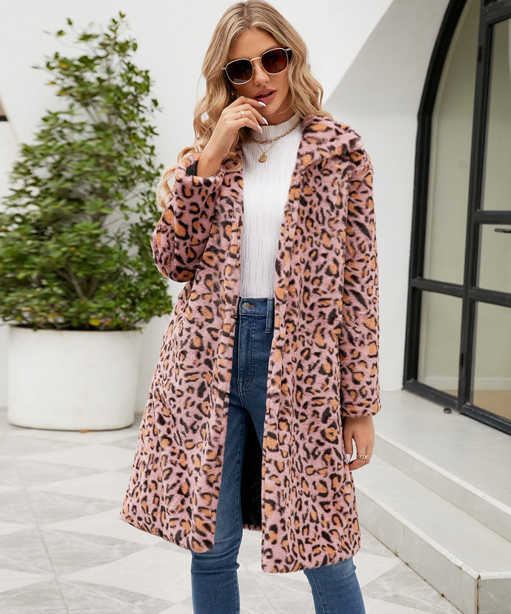 Women's Leopard Print Imitation Fur Plush Lapel Coat