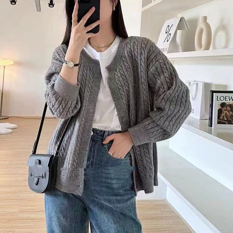 Simple Style Round Neck Sweater Coat Women's Autumn Casual Loose Retro