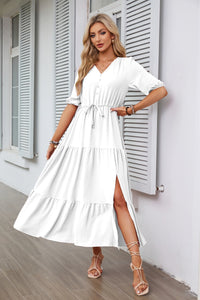 V-neck Buttons Drawstring Slit Hemline At Hem Short Sleeve Dress