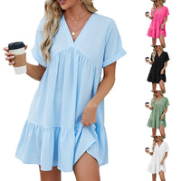 New Solid Color And V-neck Loose Pleated Dress Women