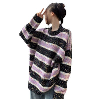 American Style Retro Design Striped Round Neck Sweater Idle Style Loose Outerwear Knitwear