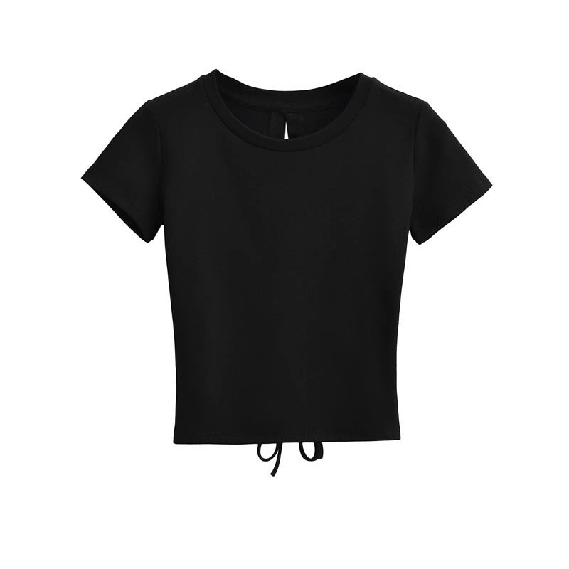 Hot Girl Back Hollow Drawstring Design Round Neck Short Sleeve