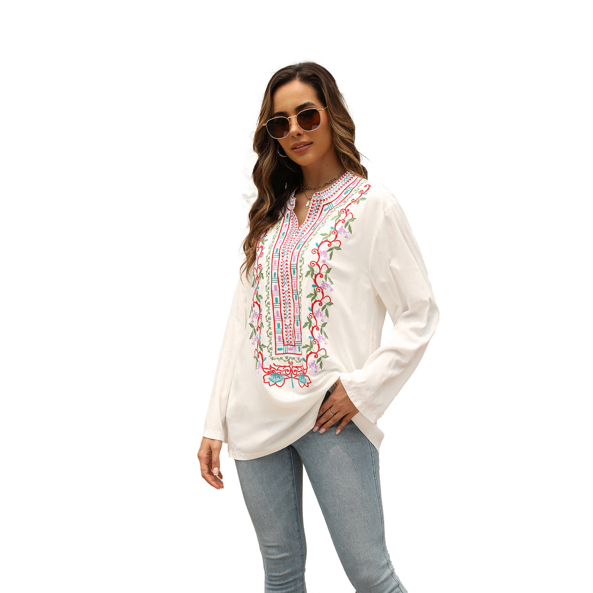 Women's Embroidered Mid-length Stand Collar Shirt