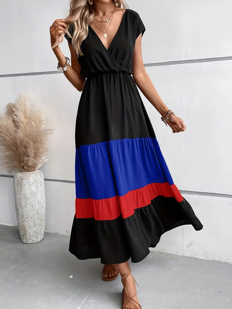 Color Block Pleated V-neck Dress Casual Polo Collar