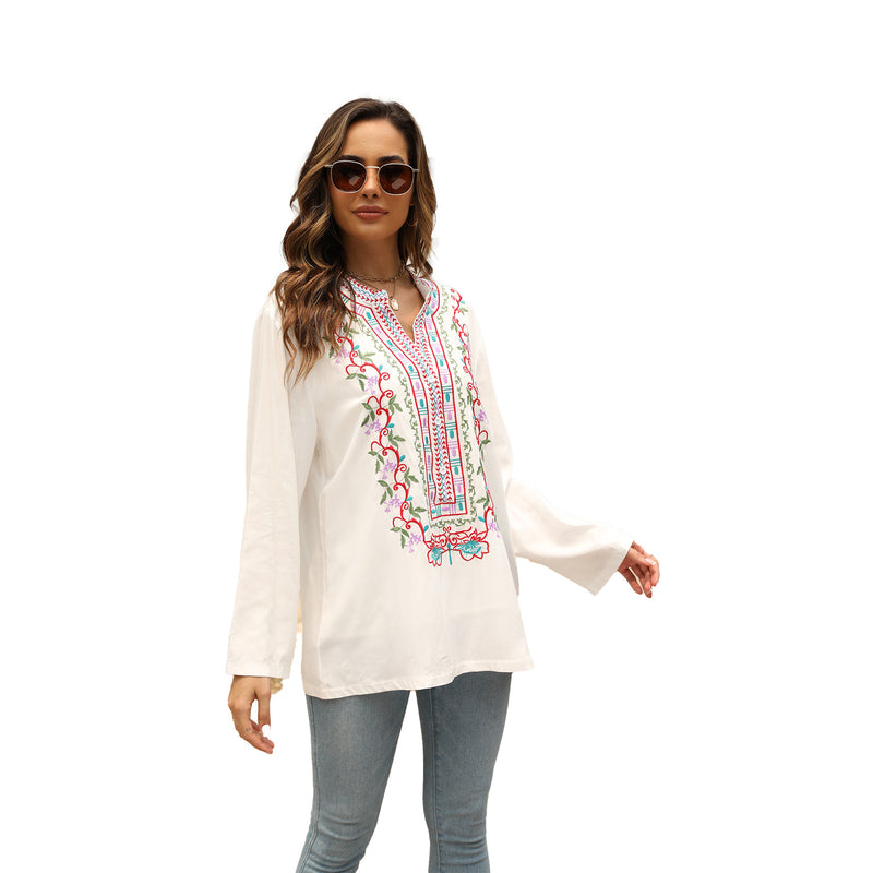 Women's Embroidered Mid-length Stand Collar Shirt