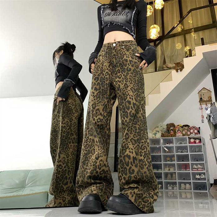 Women's American-style Vintage Leopard Print Wide-leg Jeans