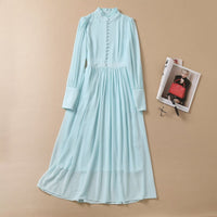 Wooden Ear Collar Bag Buckle Decorative Chiffon Big Swing Long Sleeve Dress