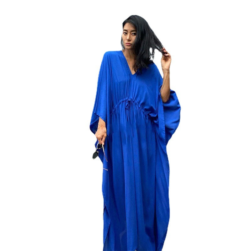 Rayon Loose Plus Size Slit Beach Cover-up Waist Pull-belt Vacation Dress