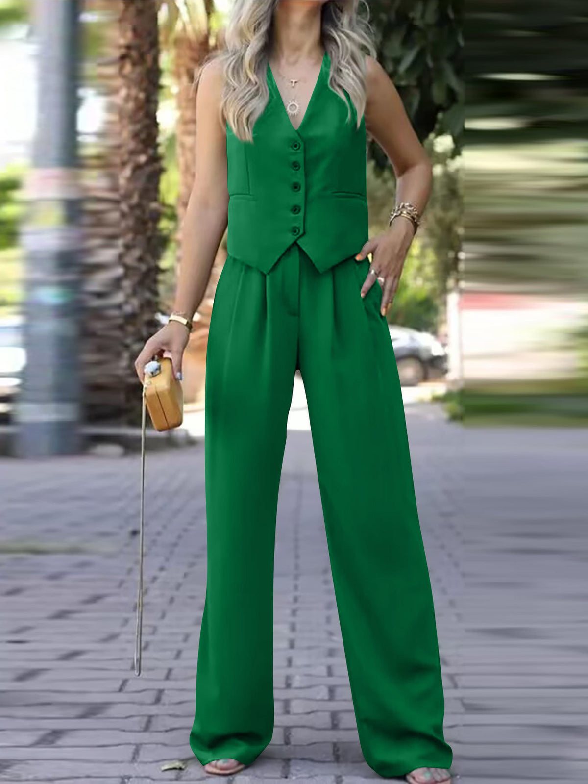 V-neck Sleeveless Waistcoat Vest Drooping Wide-leg Pants Suit