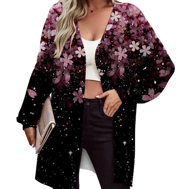 Printed Long Sleeve Fashion Cardigan Knitted Coat Women