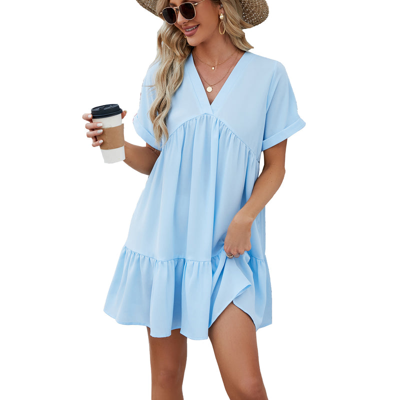 New Solid Color And V-neck Loose Pleated Dress Women