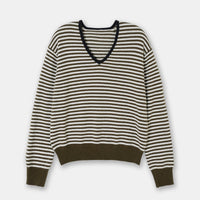 Drop-shoulder Sleeve Thin Woolen Sweater Ultra-fine Mernu Wool V-neck Striped Knitted Top