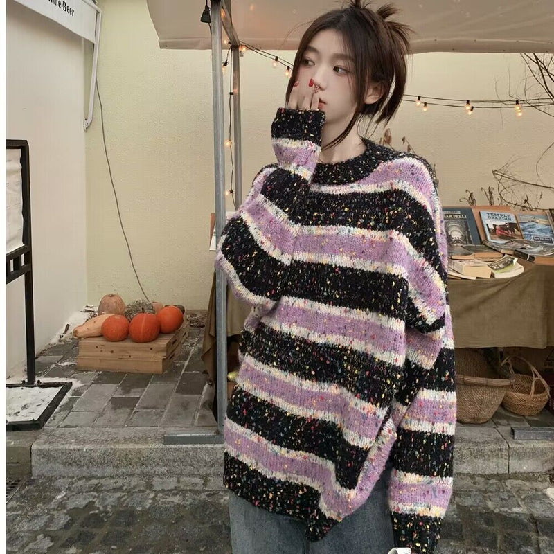 American Style Retro Design Striped Round Neck Sweater Idle Style Loose Outerwear Knitwear