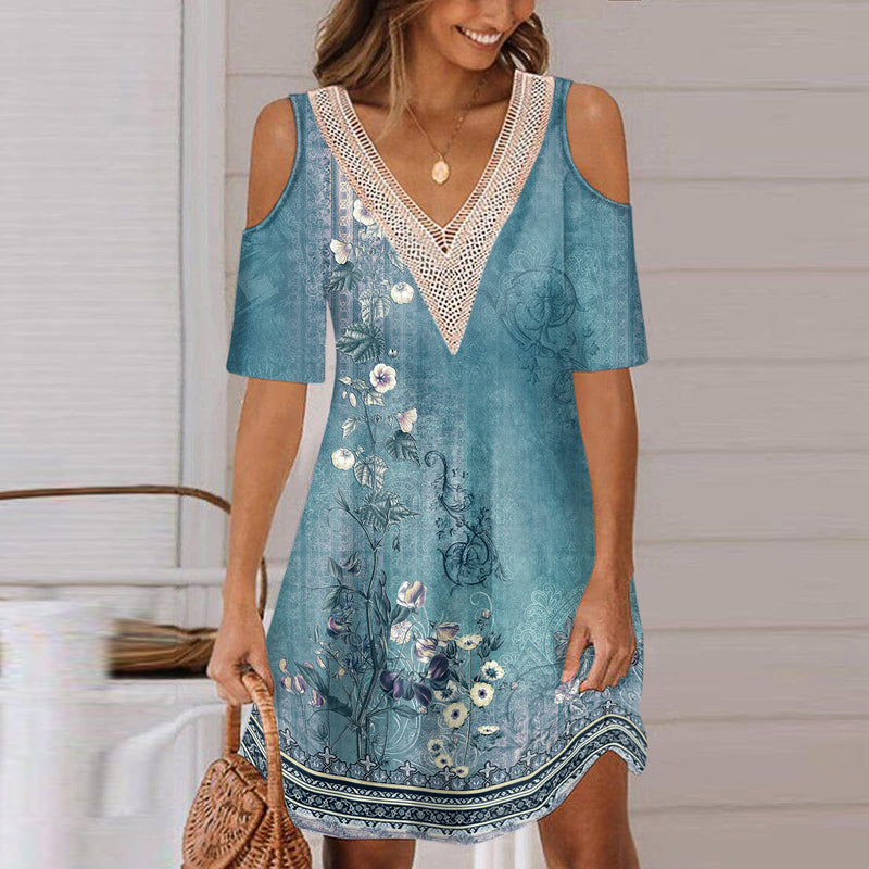 Women's Printing Off-the-shoulder V-neck Dress